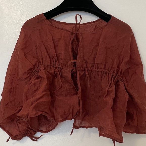 Retrogirl Brown Drawstring Peasant Blouse - Women Tops - Picture 3 of 4